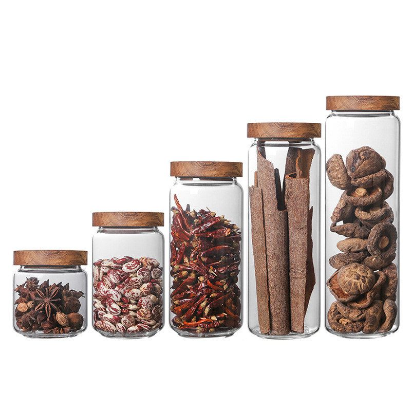 Contenitori in vetro a coperchio di acacia per soluzioni di stoccaggio alimentare