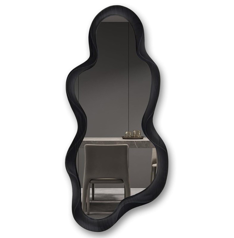 Bello arredamento domestico Specchio irregolare a muro con cornice di legno nero e decorazione moderna del bagno