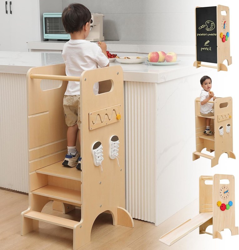 Torre di apprendimento in legno stagionale per bambini aiutante di cucina pieghevole e torre di osservazione