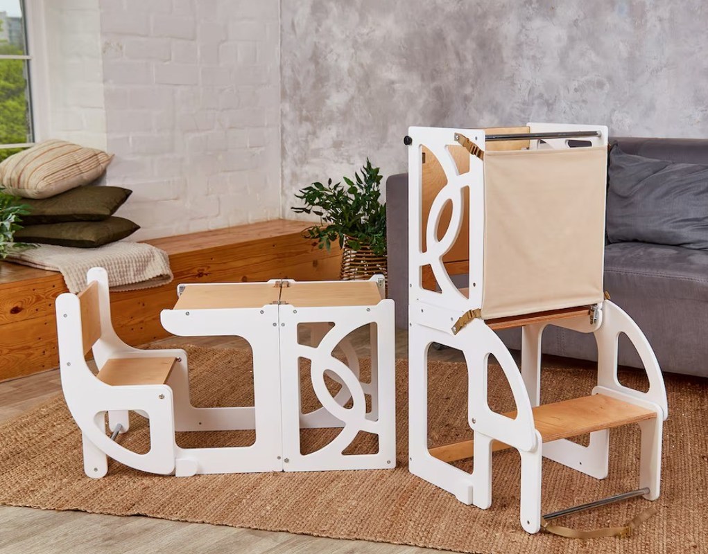 7 in 1 convertibile Tavolo torre per bambini con sedile a schiena Migliora l'apprendimento e il divertimento in cucina