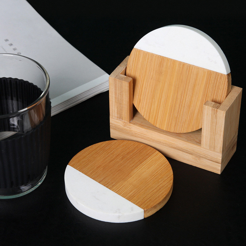 4 pollici Acacia Esagonale Geometrico Rotondo Legno E Marmo Legno Bianco Cork Coasters Plate Set