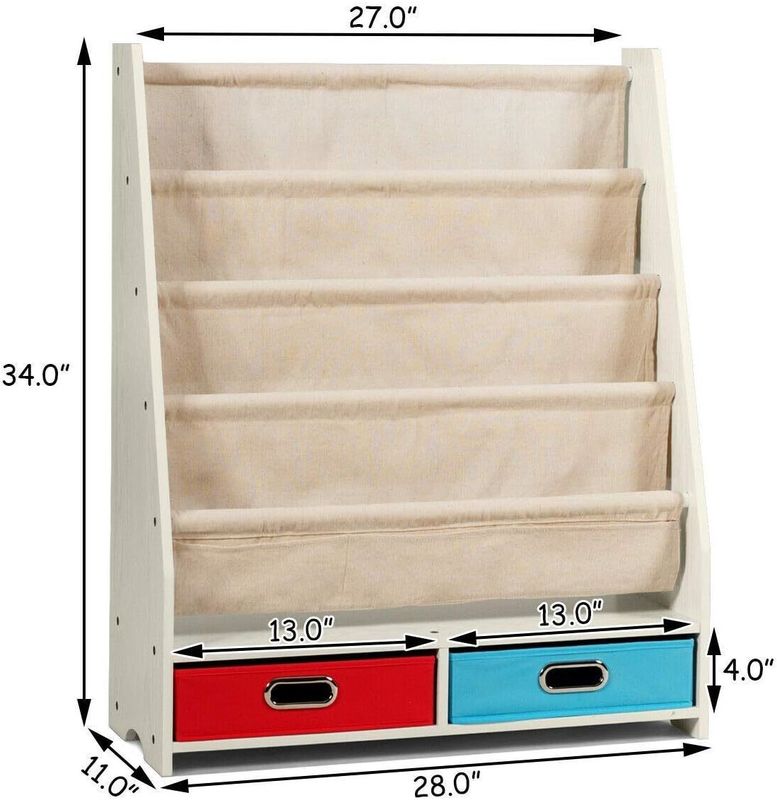 Arredamento per soggiorno Organizzatore di librerie in legno con 4 scaffalature e 2 scatole per giocattoli estraibili