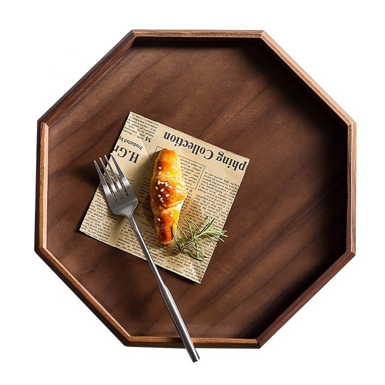 Tavolo di servizio in legno di noce di acciaio a forma rotonda ottagonale 30x20x3 cm con stampa a fuoco