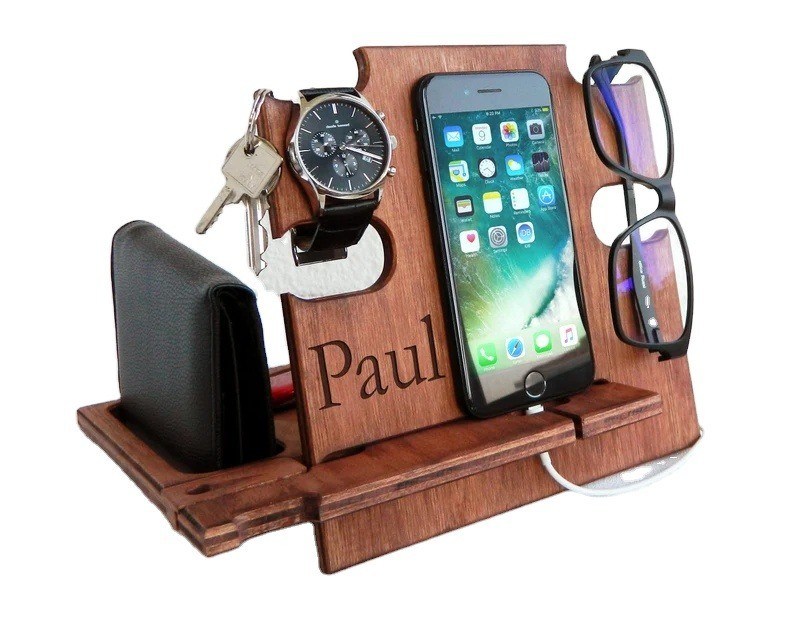 Logo personalizzato Acceptabile supporto in legno per telefono Portafoglio chiave regalo Uomini Docking Station